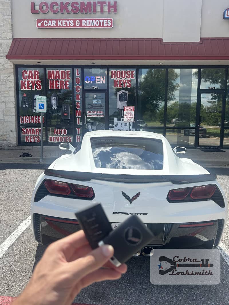 chevrolet corvette in local cobra locksmith shop